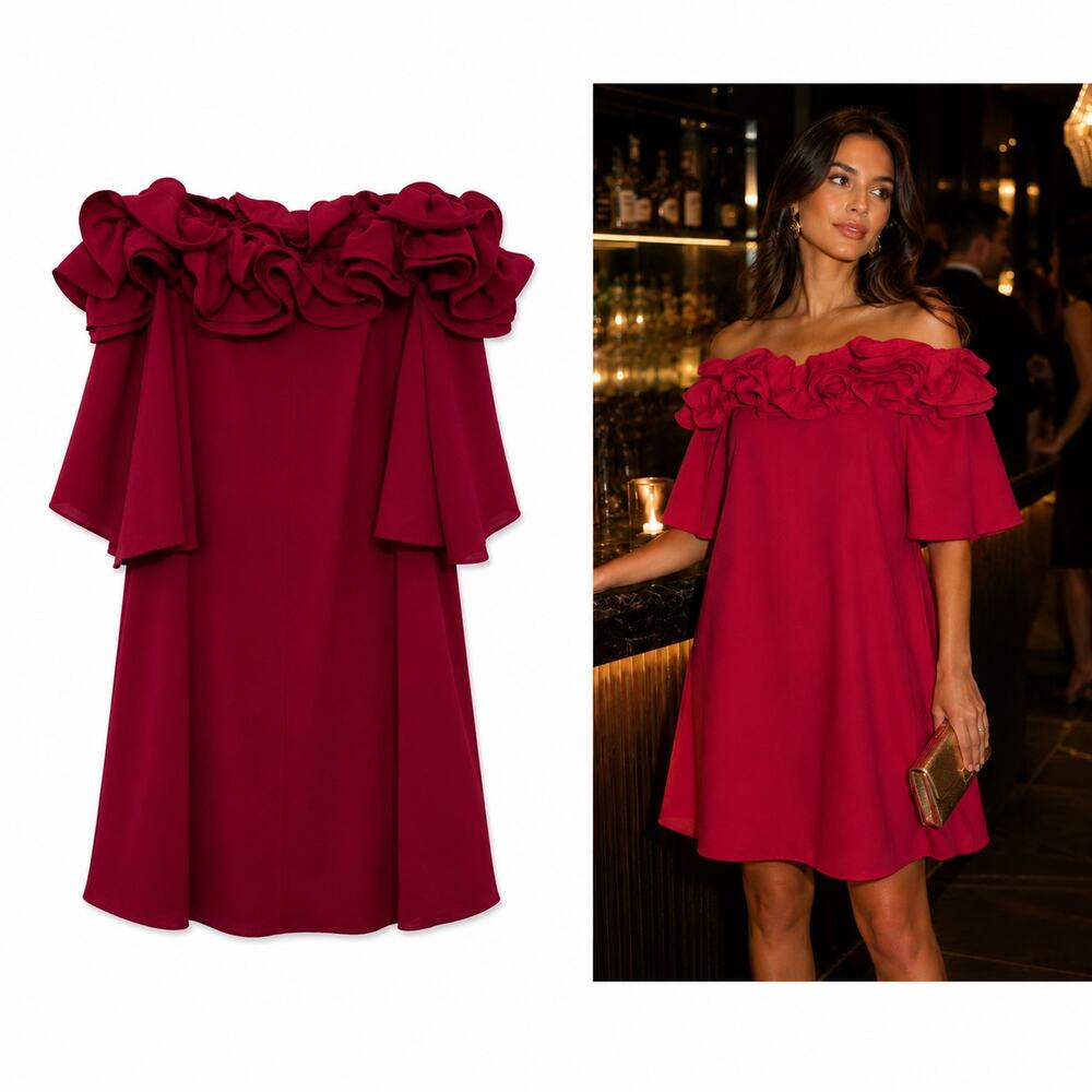 Halston Heritage NWT off-the-shoulder mini dress Sz 8 dark red ruffled neckline